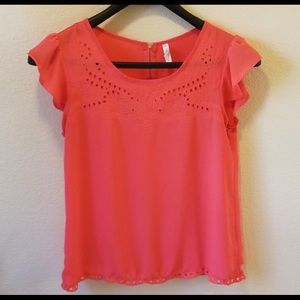 Coral Flutter-Sleeve Top w/Eyelet Detail